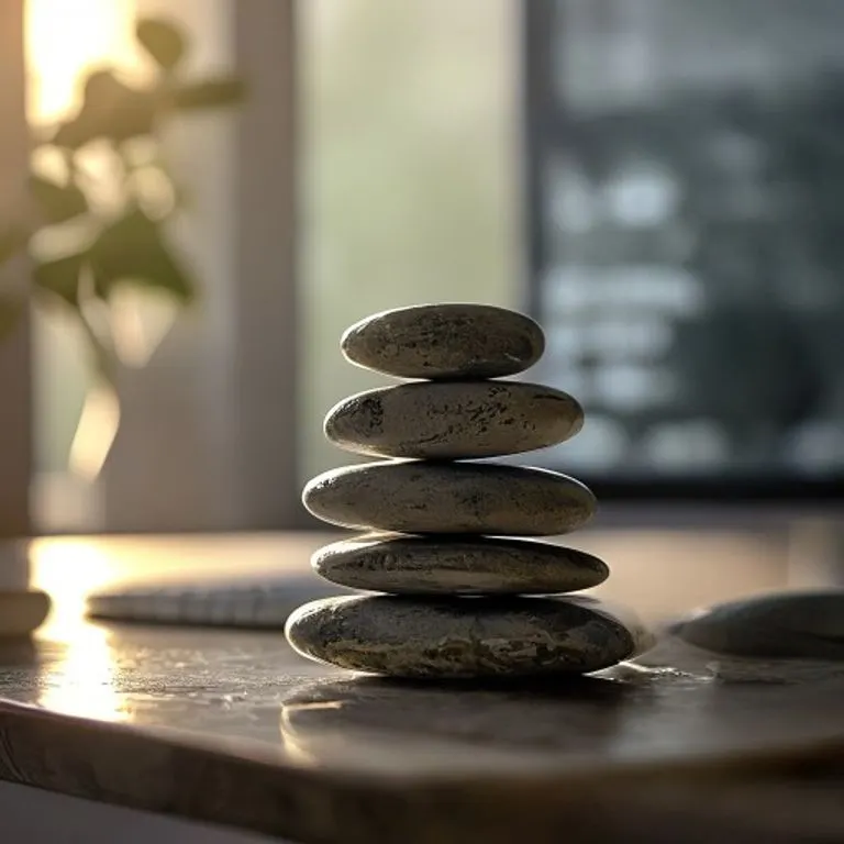 Fotografía cinematográfica de una pila de piedras de río pulidas y lisas, equilibradas en un escritorio moderno, con una pantalla de computadora borrosa al fondo, iluminadas por luz natural difusa.