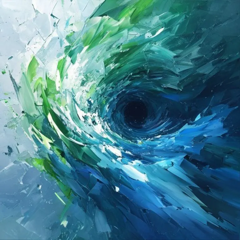Arte conceptual abstracto de un vibrante remolino de azules y verdes emergiendo de un fondo gris fragmentado y de bordes afilados, simbolizando la transición del caos a la claridad.