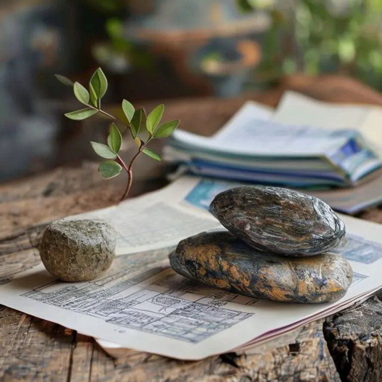 Fotografía de bodegón de un pequeño árbol en una maceta de papel reciclado, planos de proyectos comunitarios y una piedra de río pulida.