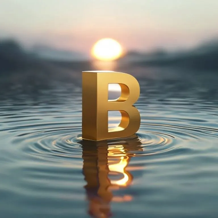 Renderizado 3D conceptual de un logo 'B' dorado emergiendo de agua, con un paisaje sereno de fondo.