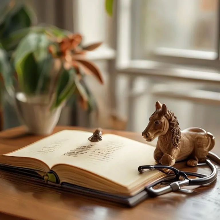 Fotografía de bodegón de un cuaderno de terapia, una pluma y una pequeña figura de perro de cerámica, sobre una manta suave, con luz cálida, representando la calma y el progreso en la rehabilitación.