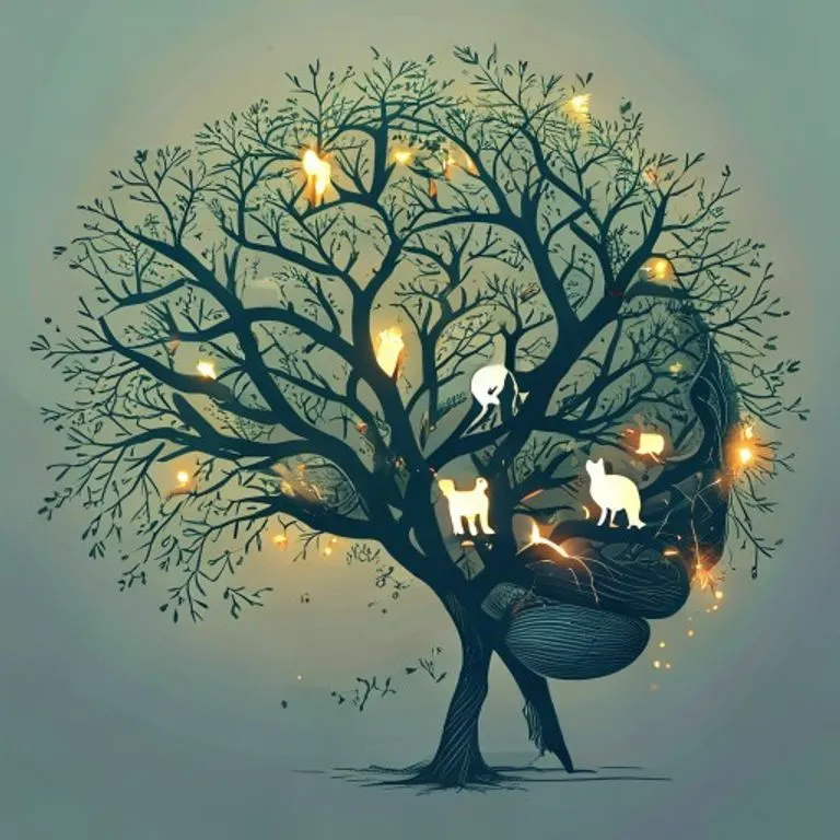 Ilustración conceptual de un cerebro humano conectado por líneas etéreas a siluetas de animales (perro, gato, caballo), sobre un fondo abstracto y sereno, simbolizando la conexión mente-animal en la terapia.