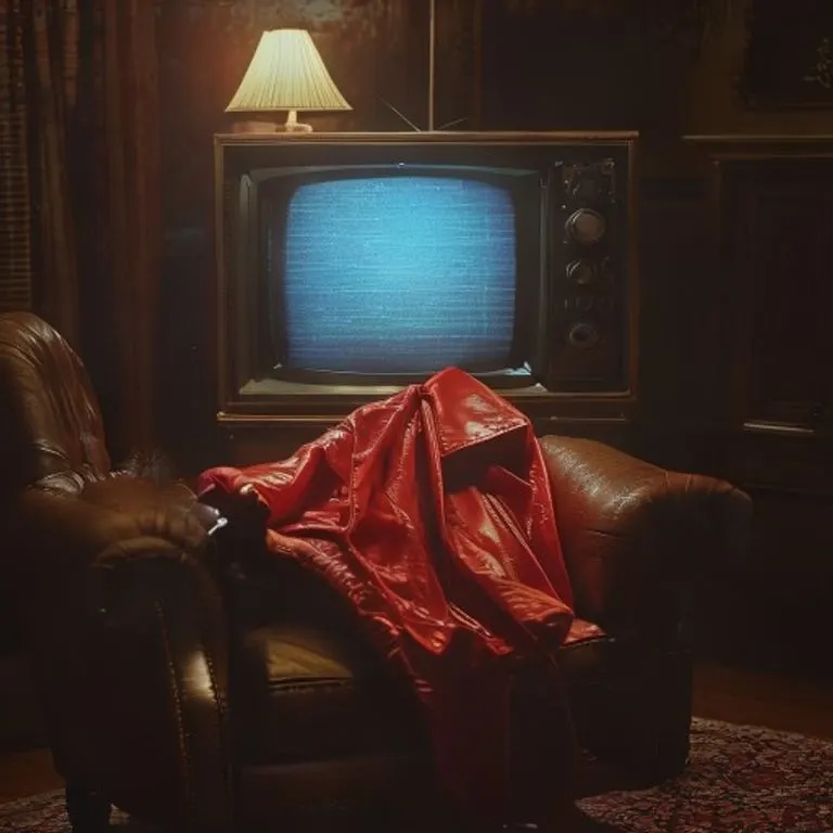 Una televisión vintage de los 80 con estática, y una chaqueta roja de cuero icónica sobre un sillón antiguo, en un ambiente oscuro y dramático.