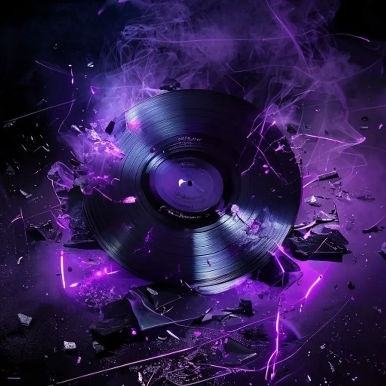 Un vinilo del álbum 'Thriller' roto en pedazos, esparcidos sobre una superficie oscura y brillante, con destellos de luz púrpura y humo, simbolizando un legado fragmentado pero brillante.