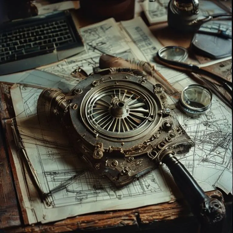 Rotor de una máquina Enigma antigua sobre un escritorio de madera con planos dispersos