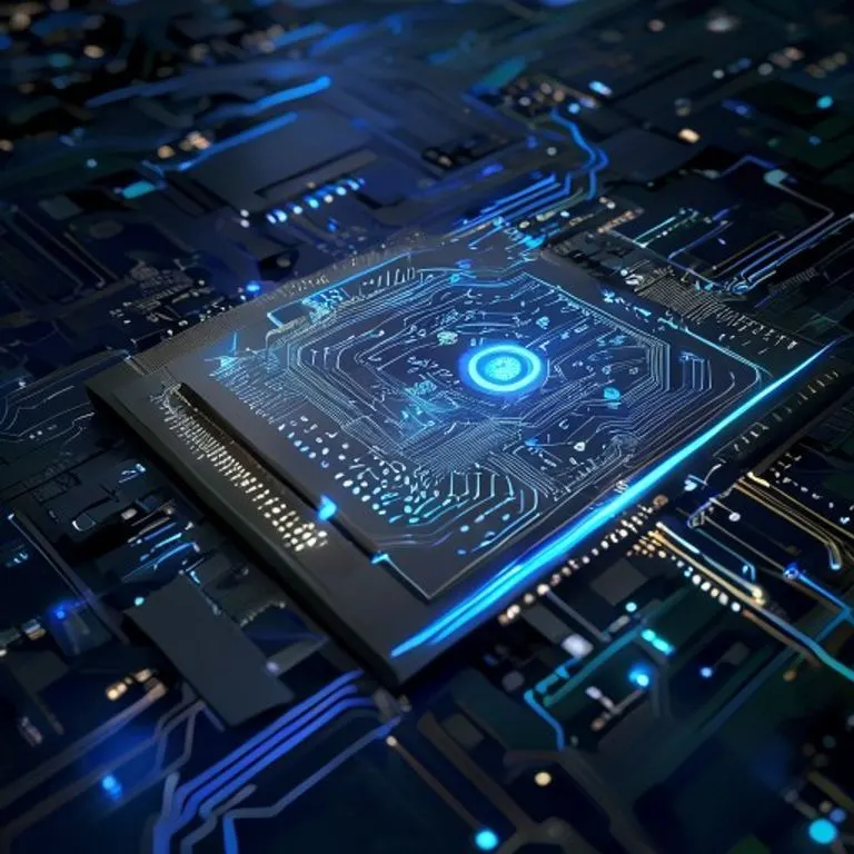 Render 3D de una placa de circuito futurista con líneas azules brillantes y símbolos criptográficos abstractos