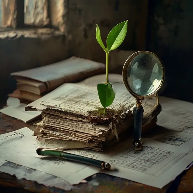 Fotografía de bodegón de documentos financieros y una planta joven.