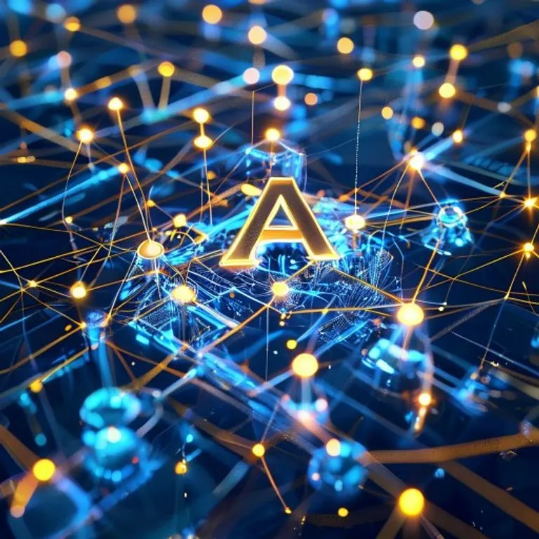 Render 3D de un ecosistema financiero abstracto con nodos y símbolos de crecimiento.