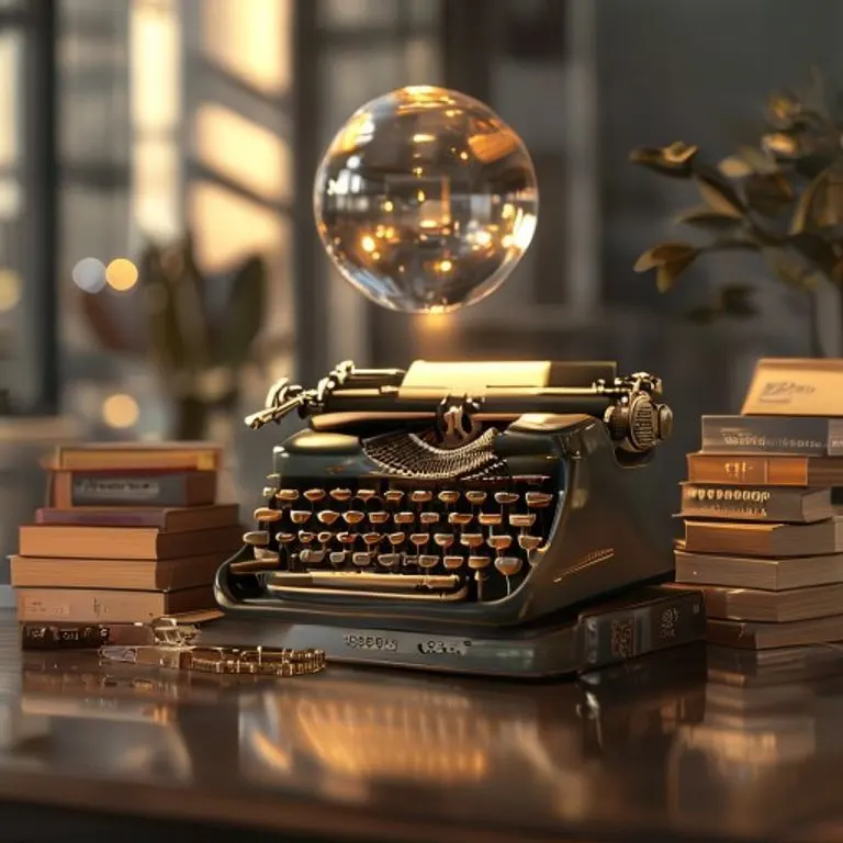 Un escritorio de oficina con una máquina de escribir antigua y libros, simbolizando los desafíos históricos y contemporáneos del liderazgo femenino y el techo de cristal.