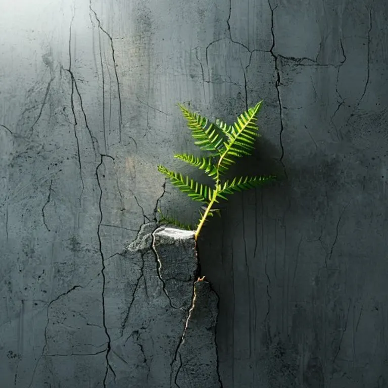 Una planta resiliente creciendo a través de una grieta en un muro de hormigón, simbolizando la perseverancia y el avance del liderazgo femenino en entornos desafiantes.