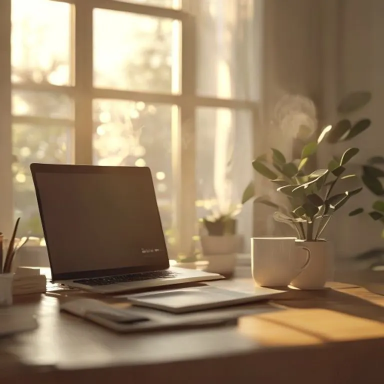 Fotografía cinematográfica de un escritorio de teletrabajo con laptop, café y planta, evocando un ambiente productivo y cómodo.