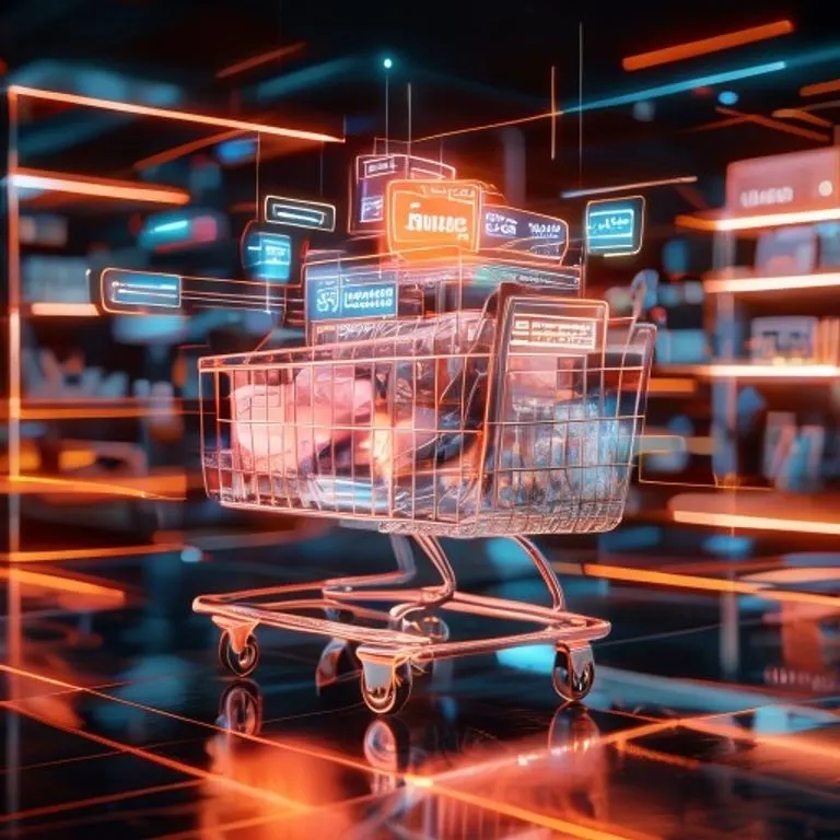 Renderizado 3D de un carrito de compras futurista con pantallas digitales mostrando ofertas personalizadas