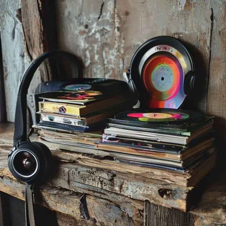 Pila de discos de vinilo y auriculares en un estante de madera.