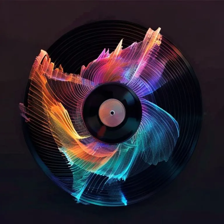 Ilustración 3D de ondas sonoras abstractas emanando de un disco de vinilo.