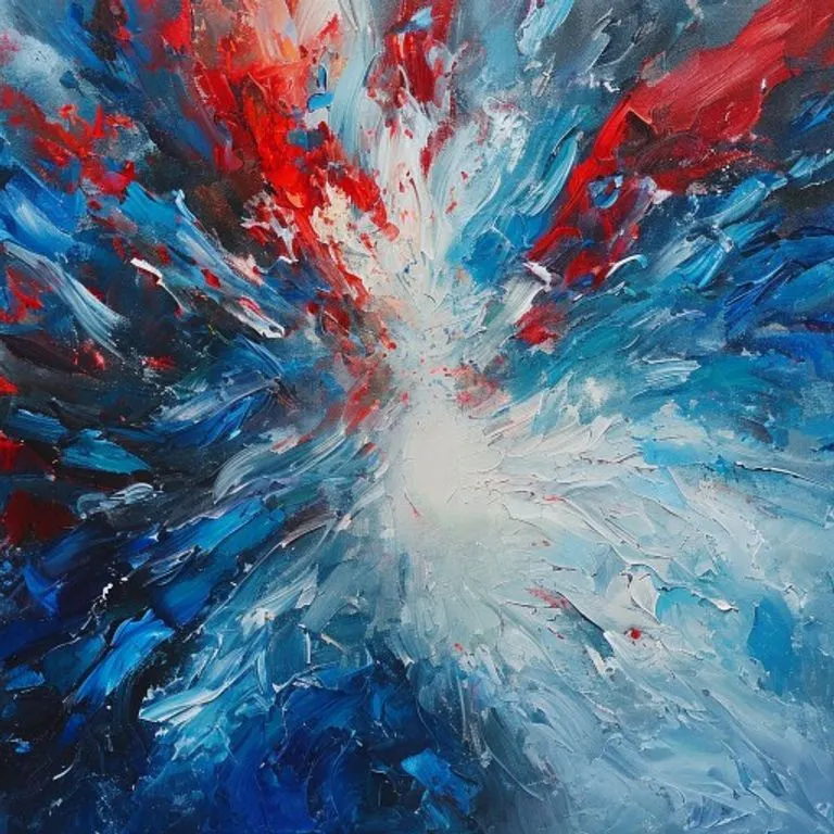 Pintura al óleo abstracta con remolinos de azules, grises y rojos convergiendo en un espacio blanco, simbolizando la intrusión del ruido.