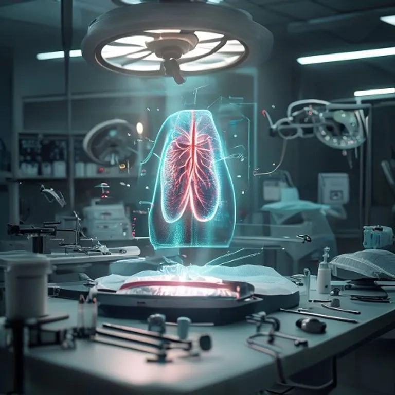 Mesa de operaciones estéril con una proyección holográfica de un órgano, rodeada de instrumentos médicos avanzados, simbolizando la cirugía asistida por RA.