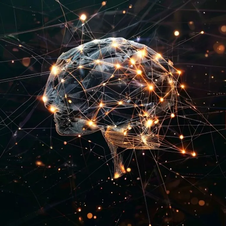 Arte conceptual de una red de nodos y flujos de datos formando una estructura cerebral, representando el aprendizaje y la transferencia de conocimiento.