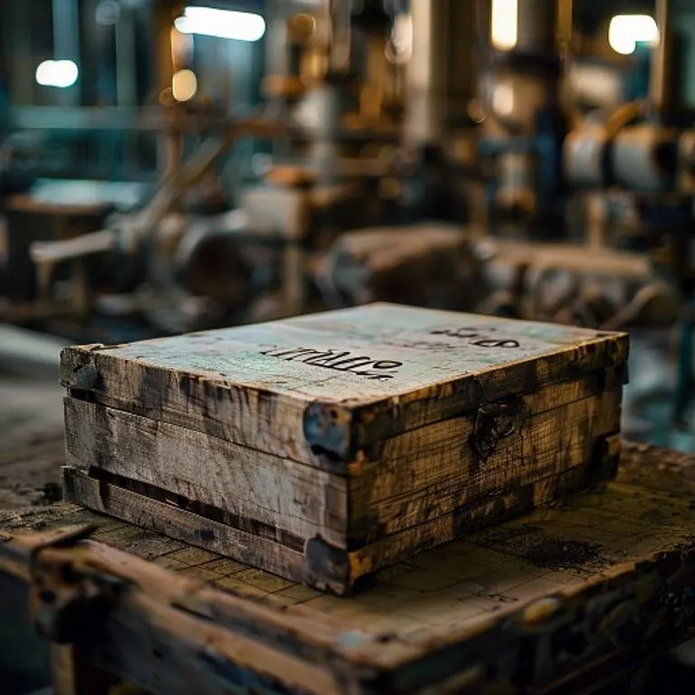 Fotografía cinematográfica de naturaleza muerta de una caja de madera desgastada con la etiqueta 'Made in [Región Genérica]' sobre un mapa digital que resalta centros de producción locales, con maquinaria industrial borrosa al fondo. Iluminación suave y direccional, enfocada en la fabricación localizada.