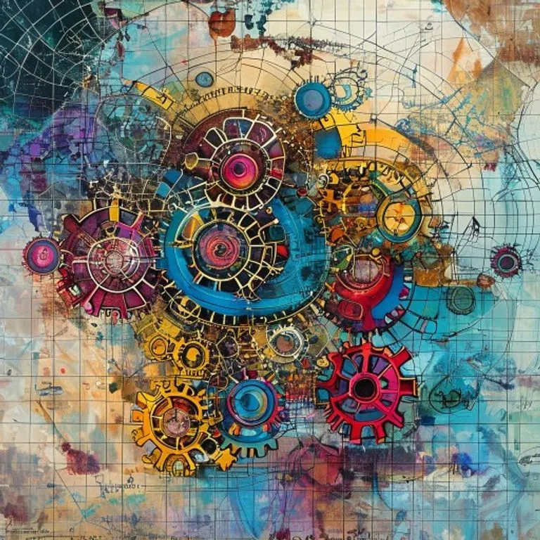 Arte conceptual de un mosaico de engranajes y circuitos interconectados formando una compleja red económica, con algunos engranajes desprendiéndose para formar grupos más pequeños y autosuficientes. El fondo presenta sutiles contornos de mapas geopolíticos, enfatizando los cambios económicos. Colores vivos, abstracto.