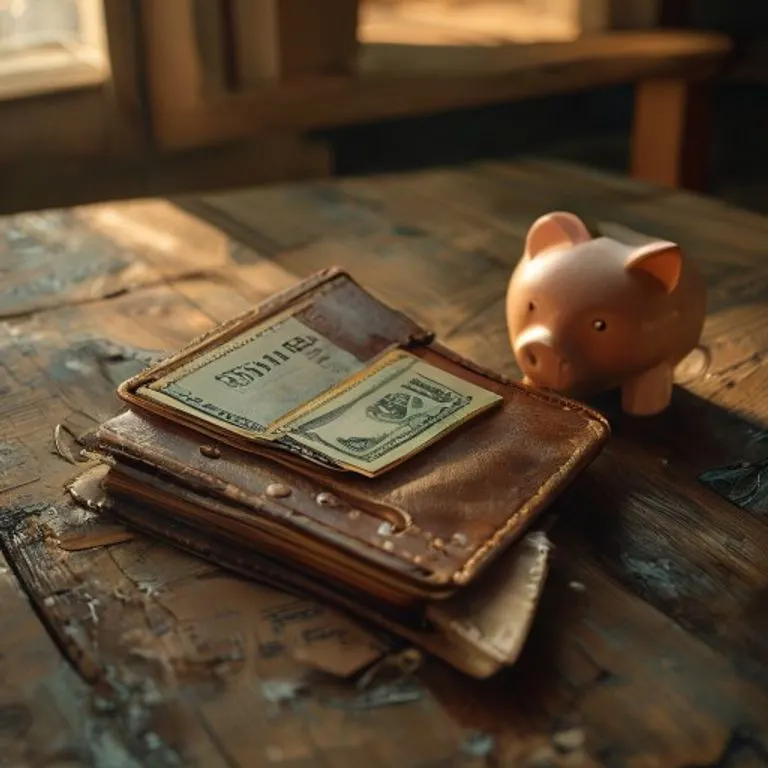 Cartera de cuero desgastada con billetes devaluados y una alcancía vacía sobre una mesa de madera, simbolizando la pérdida de poder adquisitivo.