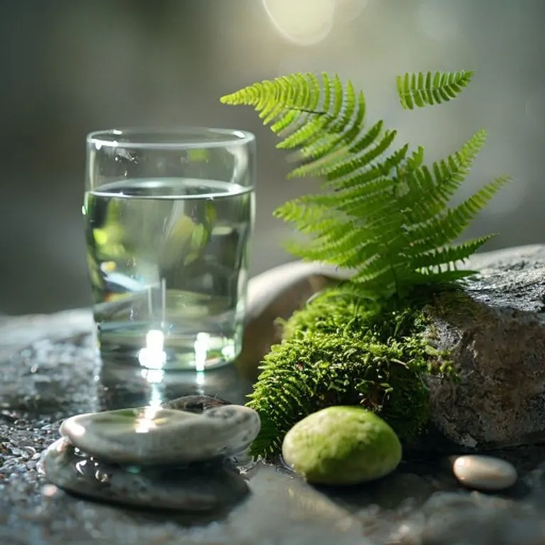Composición artística de elementos naturales como piedras de río, musgo verde y una hoja de helecho sobre una superficie de piedra, con un vaso de agua.