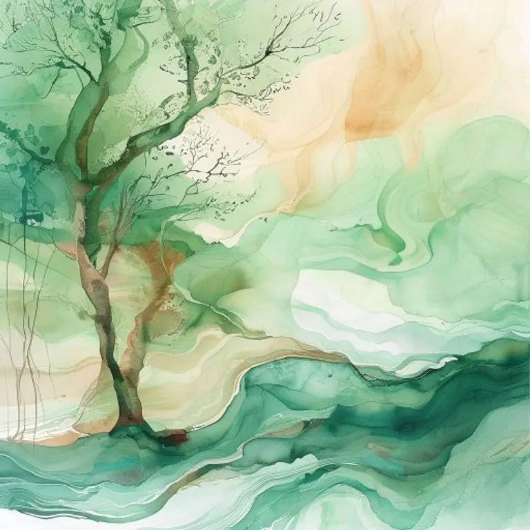 Pintura acuarela abstracta que representa el flujo de agua y viento a través de árboles, con tonos verdes, azules y marrones.