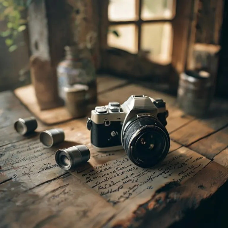Una cámara de cine vintage de 16mm sobre una mesa de madera rústica, rodeada de latas de película y un guion manuscrito, con luz natural suave.
