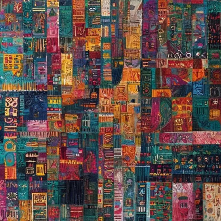 Una vibrante tapicería abstracta de hilos entrelazados, que representan diversas narrativas culturales y temas sociales de América Latina, con patrones sutiles que recuerdan a glifos antiguos y paisajes urbanos modernos, ricas texturas y colores profundos.