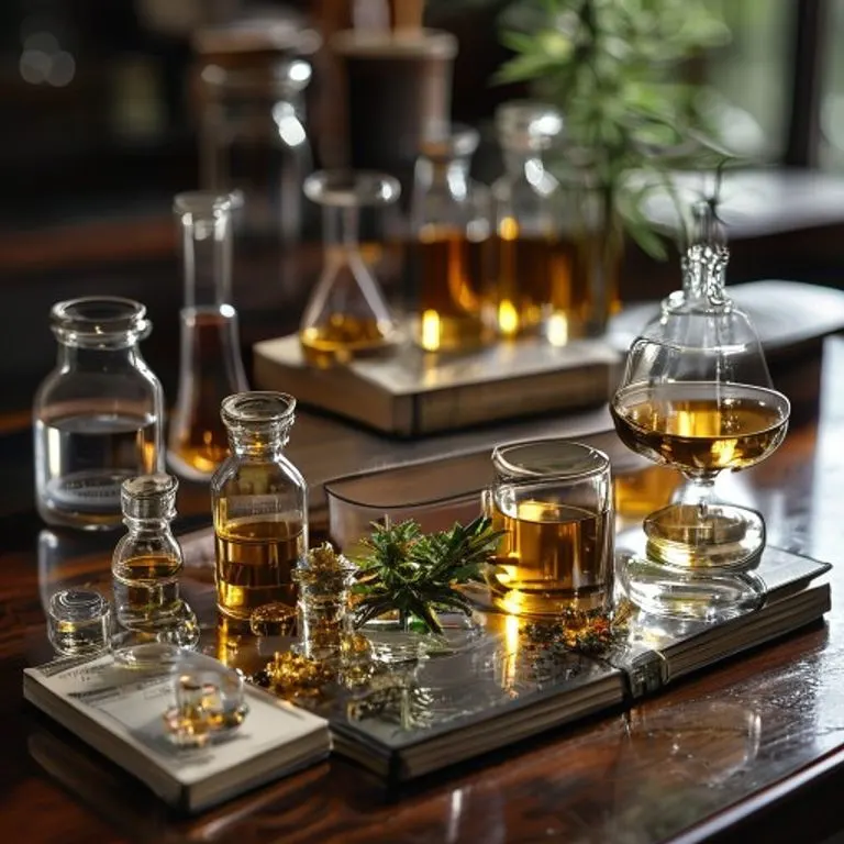 Fotografía de bodegón de cristalería de laboratorio con extractos de cannabis, una balanza y revistas científicas sobre una mesa de madera oscura.