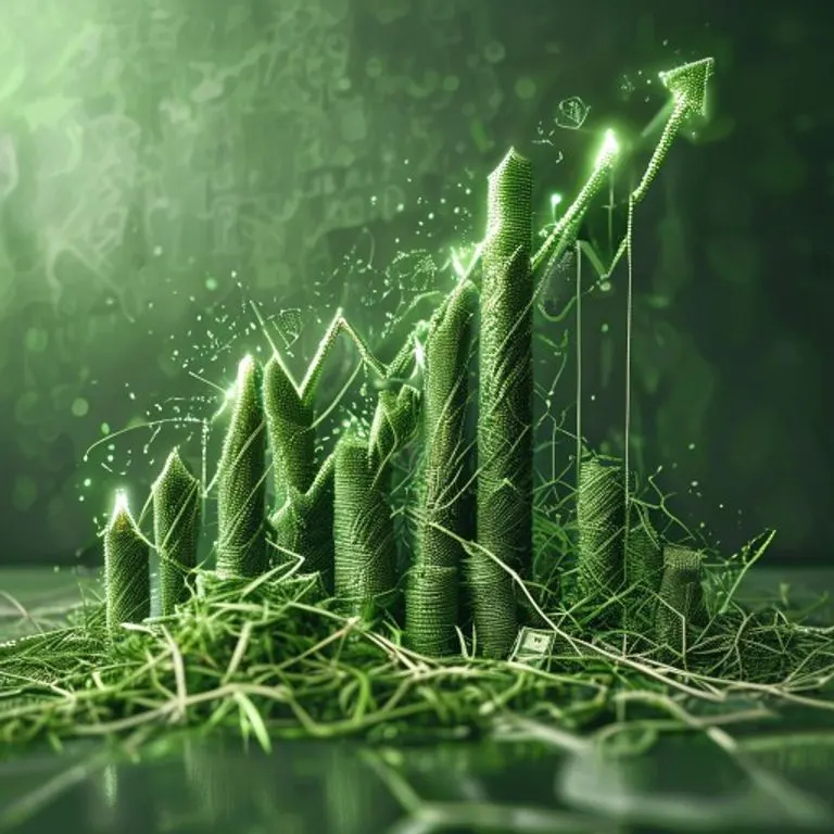 Arte conceptual de crecimiento económico con gráficos ascendentes formados por fibras de cáñamo y símbolos monetarios, con un aura verde sobre un fondo industrial.
