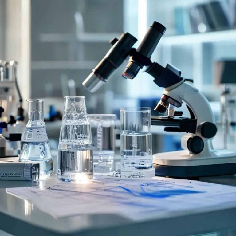Conjunto de instrumentos científicos en un laboratorio, incluyendo un beaker con agua purificada y un kit de prueba de calidad, simbolizando la innovación en la gestión del agua.