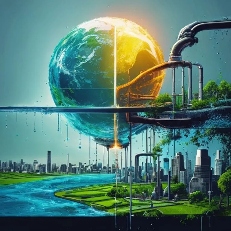 Ilustración digital abstracta de un ciclo del agua con agua limpia fluyendo hacia ciudades y campos, y agua contaminada siendo filtrada por tecnología avanzada.