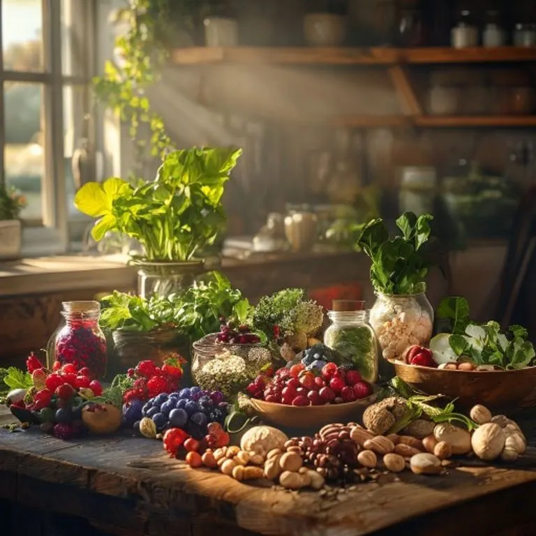 Fotografía cinematográfica de bodegón con frutas, verduras, legumbres y frutos secos en una mesa de madera rústica, bajo luz natural.