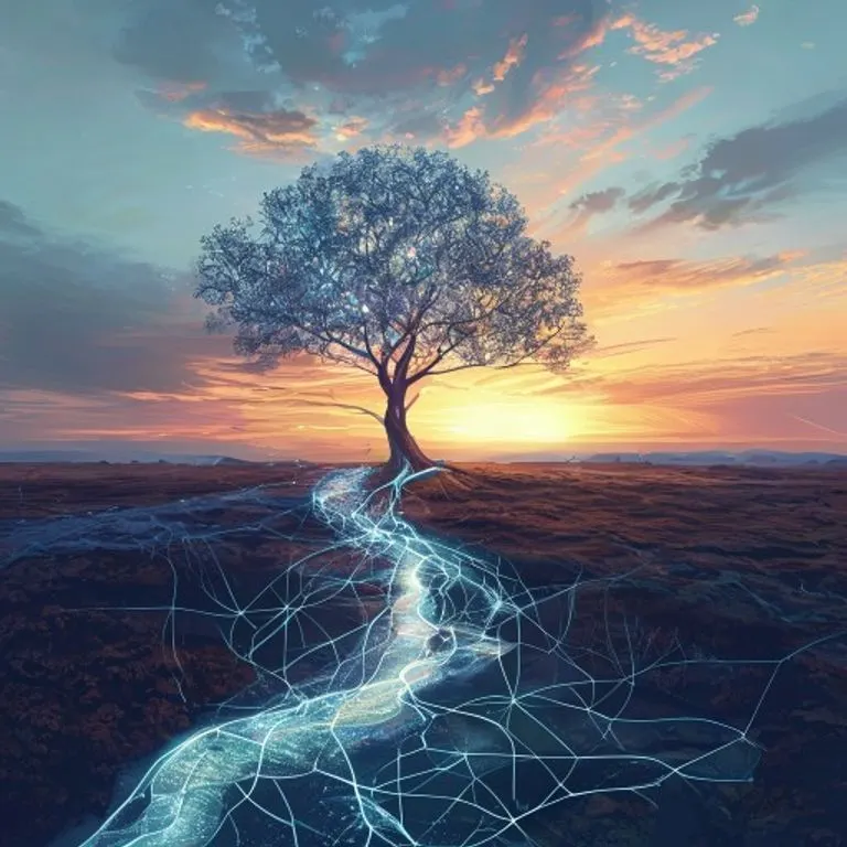 Arte conceptual abstracto de un árbol majestuoso con raíces luminosas conectando con ríos y tierra sana, simbolizando el equilibrio ecológico.