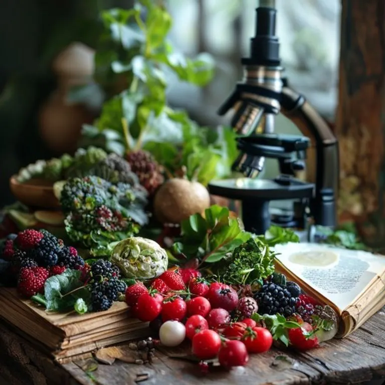 Fotografía cinematográfica de bodegón con frutas, verduras fermentadas, un microscopio y una revista científica sobre una mesa rústica.