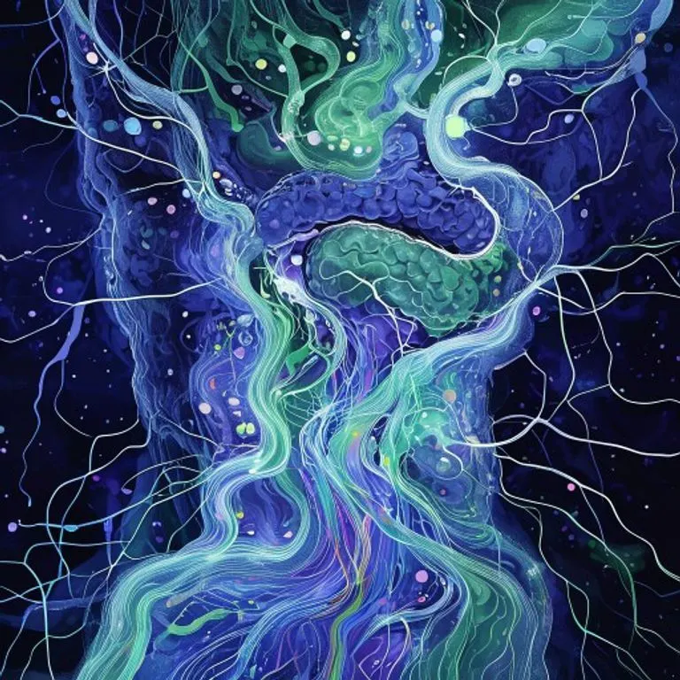 Arte conceptual de vías neuronales interconectadas y un lumen intestinal estilizado, con partículas luminosas que simbolizan el eje intestino-cerebro.