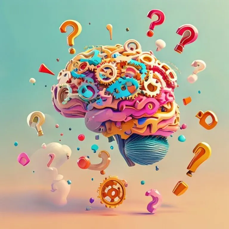 Renderizado isométrico de un cerebro estilizado con engranajes y símbolos lingüísticos