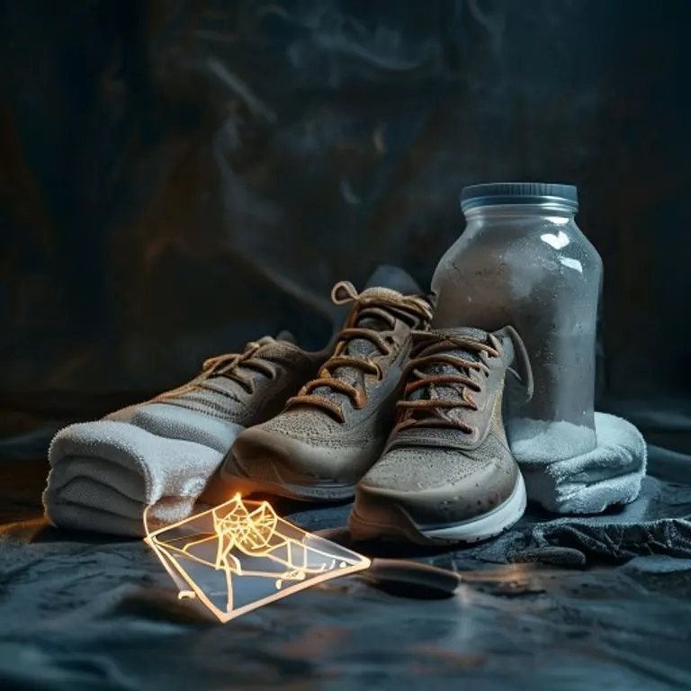 Naturaleza muerta cinematográfica de zapatillas de correr gastadas junto a una botella de batido de proteínas, una toalla doblada y un pequeño diagrama muscular brillante sobre una superficie oscura y texturizada, con iluminación dramática.