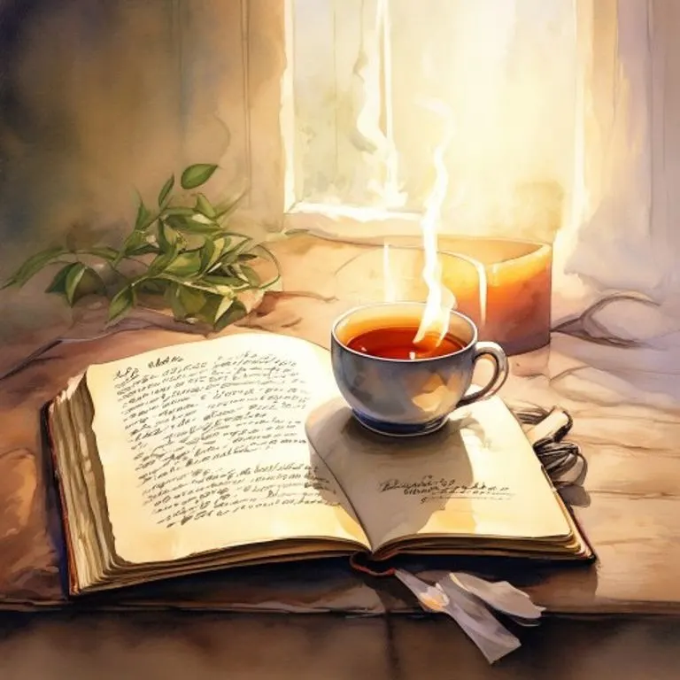 Pintura de acuarela de un diario abierto con escritura fluida, una taza humeante de té de hierbas y una vela que parpadea suavemente en una mesita de noche, con tonos suaves y cálidos, enfocándose en la tranquilidad y la introspección.