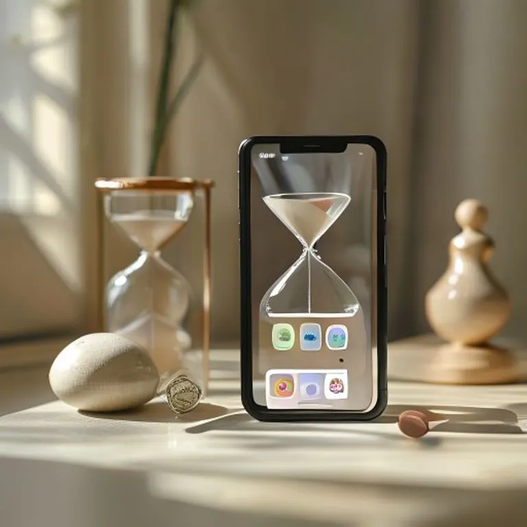 Fotografía de bodegón de un smartphone con una pantalla de inicio minimalista y un reloj de arena, simbolizando la gestión del tiempo y la tecnología.