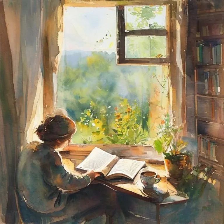 Pintura de acuarela de una persona leyendo un libro físico en un entorno tranquilo y soleado, simbolizando la paz y el enfoque.