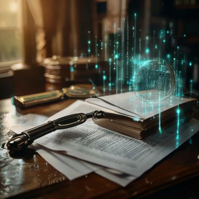 Pila de documentos legales y una lupa antigua sobre un escritorio de madera pulida, con proyecciones digitales de datos y luz difusa.