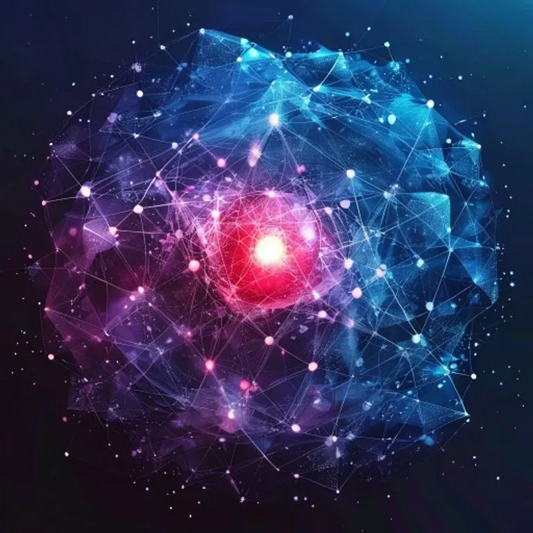 Red de nodos interconectados formando un escudo protector alrededor de una esfera brillante, con patrones geométricos y tonos azules y morados.