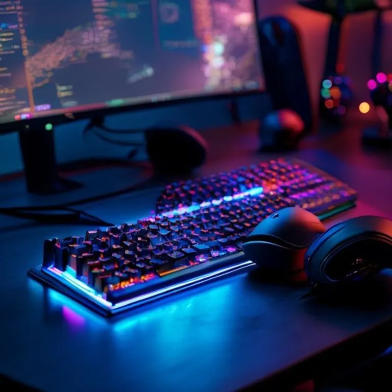 Fotografía cinematográfica de un teclado y ratón gaming de alto rendimiento con iluminación RGB sobre un escritorio oscuro, con un auricular profesional cerca.