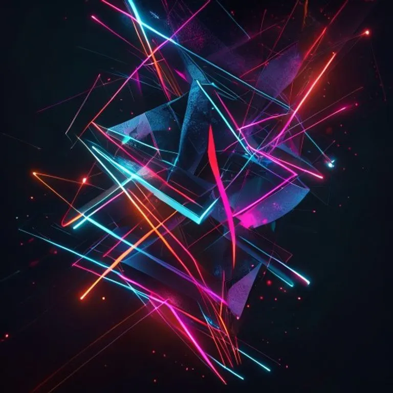 Renderizado 3D abstracto de formas geométricas interconectadas y líneas de neón, representando la competencia, el trabajo en equipo y la conectividad global en los e-Sports.