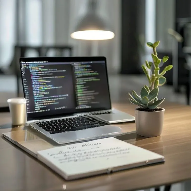 Escritorio minimalista con laptop transparente, taza reutilizable y planta, simbolizando la flexibilidad y el bienestar laboral.