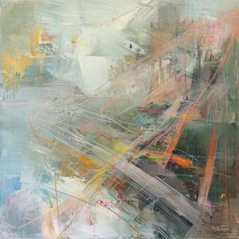 Pintura abstracta de líneas y formas geométricas, simbolizando la evolución y la integración de tecnología y valores humanos en el futuro del trabajo.
