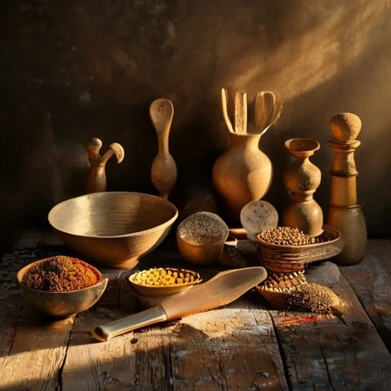 Bodegón cinematográfico con utensilios de cocina de diferentes culturas: un molcajete mexicano, un tazón japonés y un mortero indio.