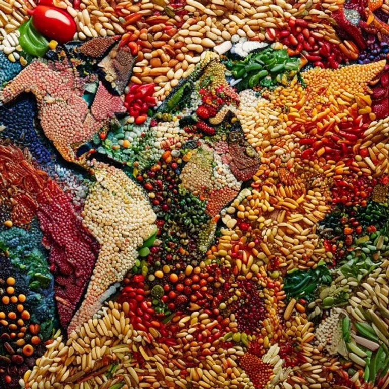 Arte conceptual de un mosaico global de texturas alimentarias, representando la interconexión de cocinas.