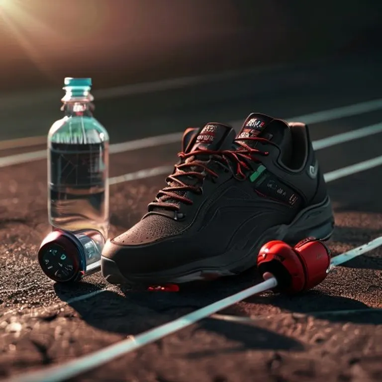 Fotografía cinemática de unas zapatillas de correr, un cronómetro y un monitor de frecuencia cardíaca sobre una pista de atletismo, bajo una iluminación dramática.